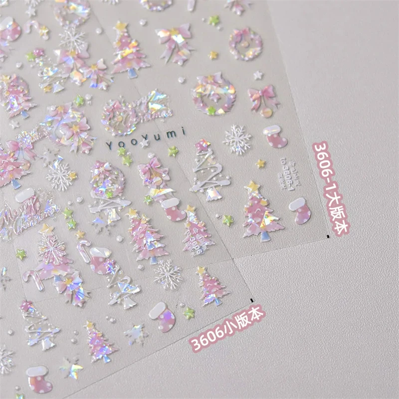 1pcs Pink Christmas Nail Stickers Shiny Shell Light Nail Art Parts Stickers Cute Snowflakes Star Wreath Nail Decorations Decals