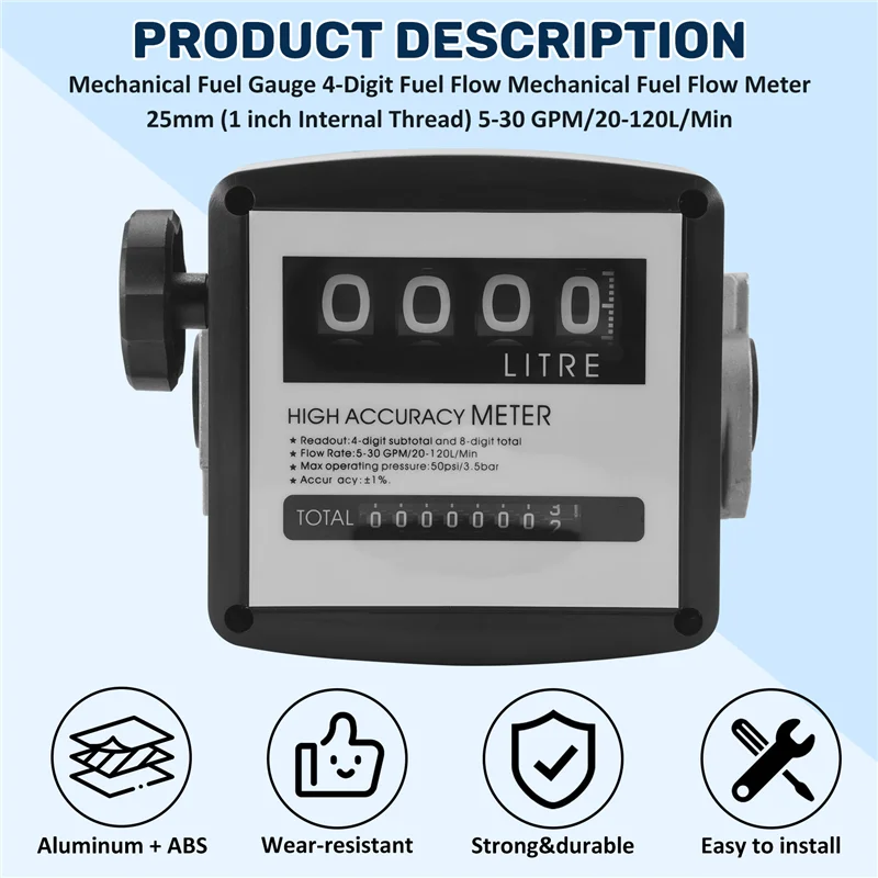 Medidor mecânico de fluxo de combustível de 4 dígitos medidor de fluxo de combustível mecânico 25mm (rosca interna de 1 polegada) 5-30 gpm/20-120l/min