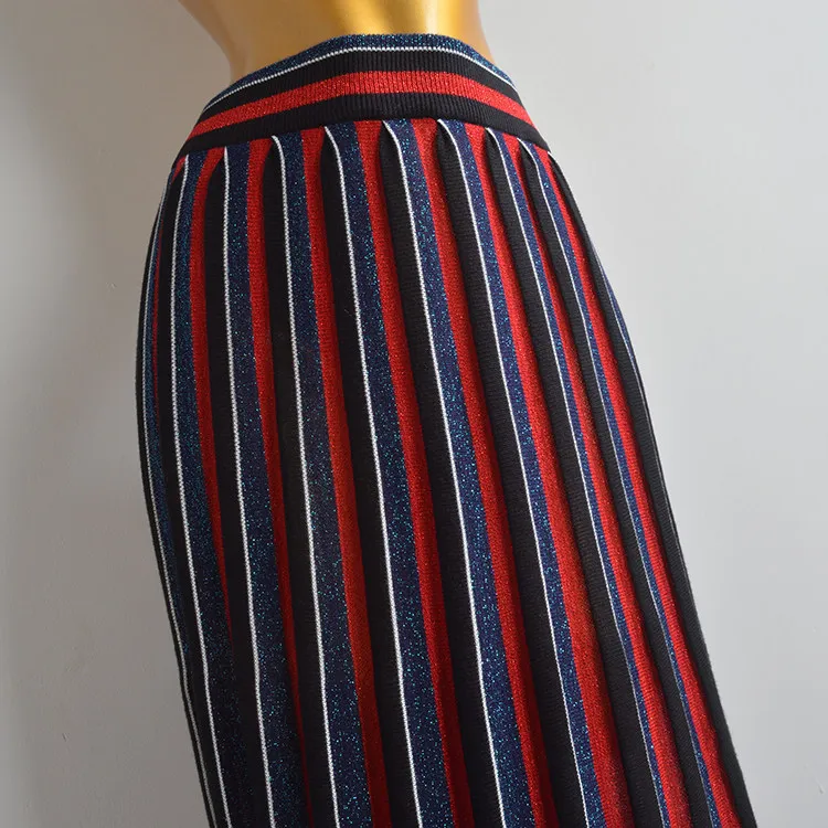 Foreign Trade Single High-quality Gold Thread Knitted Medium and Long High Waist Retro Striped Thin A-shaped Skirt Pleated Skirt