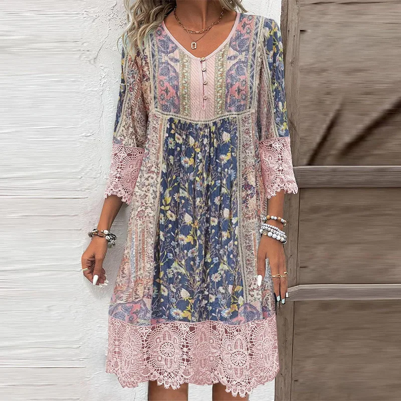 

Vintage Pink Print Mini Dresses For Women V Neck Button 3/4 Flare Sleeve Lace Hem Patchwork Vacation Elegant Party Dress Vestido