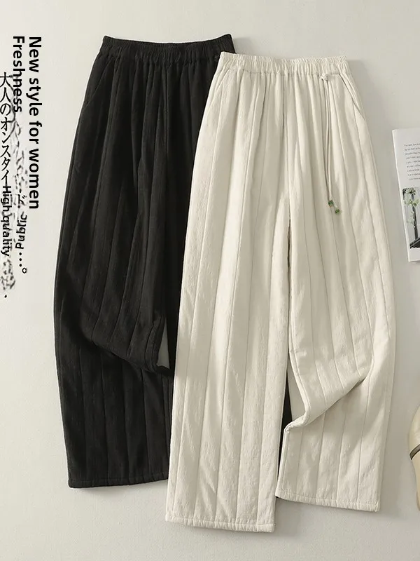 

Зимние теплые широкие брюки с хлопковой вставкой, женские эластичные брюки прямого кроя, повседневные брюки больших размеров, модный китайский бренд