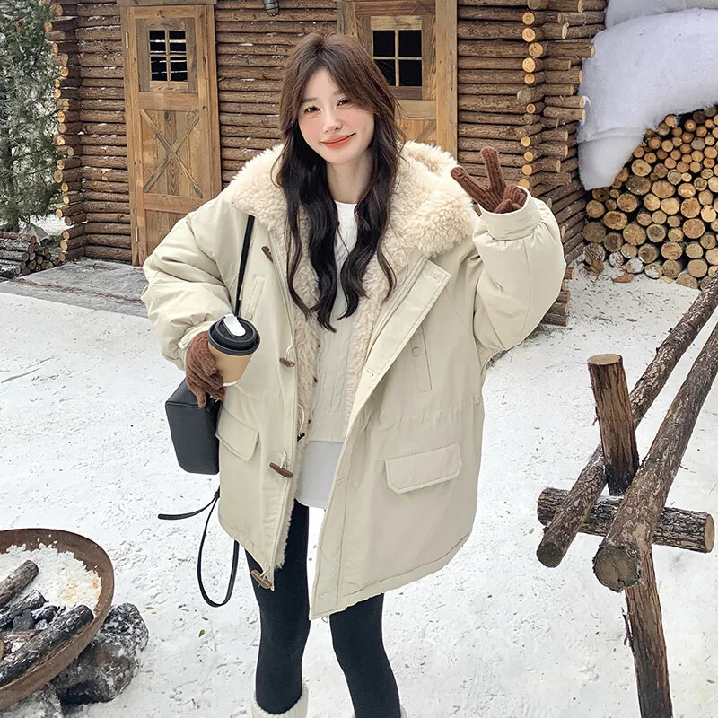 

Off White Pie Overcomes для женщин, осень-зима 2022, новый стиль, корейский студенческий стиль, с капюшоном, теплый и плюшевый хлопок с защитой от овечьего волоса