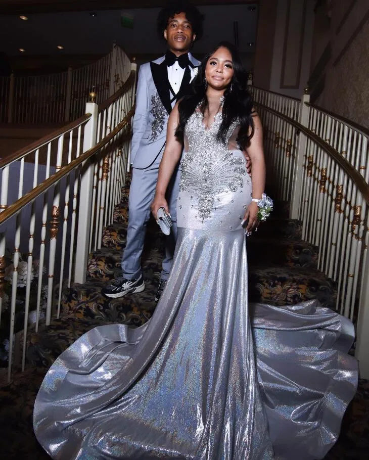 Silver Ivy Diamond Mermaid Evening Formal Dresses for Black Girl Sparkly customsized Gillter Birthday Gala Prom Gown Robes
