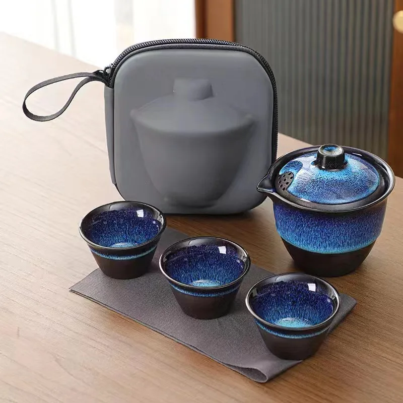 

Tianmu glaze brushed kiln transformed tea cup, travel bag, outdoor tea set, household simple Jian ware teapot, tea cup