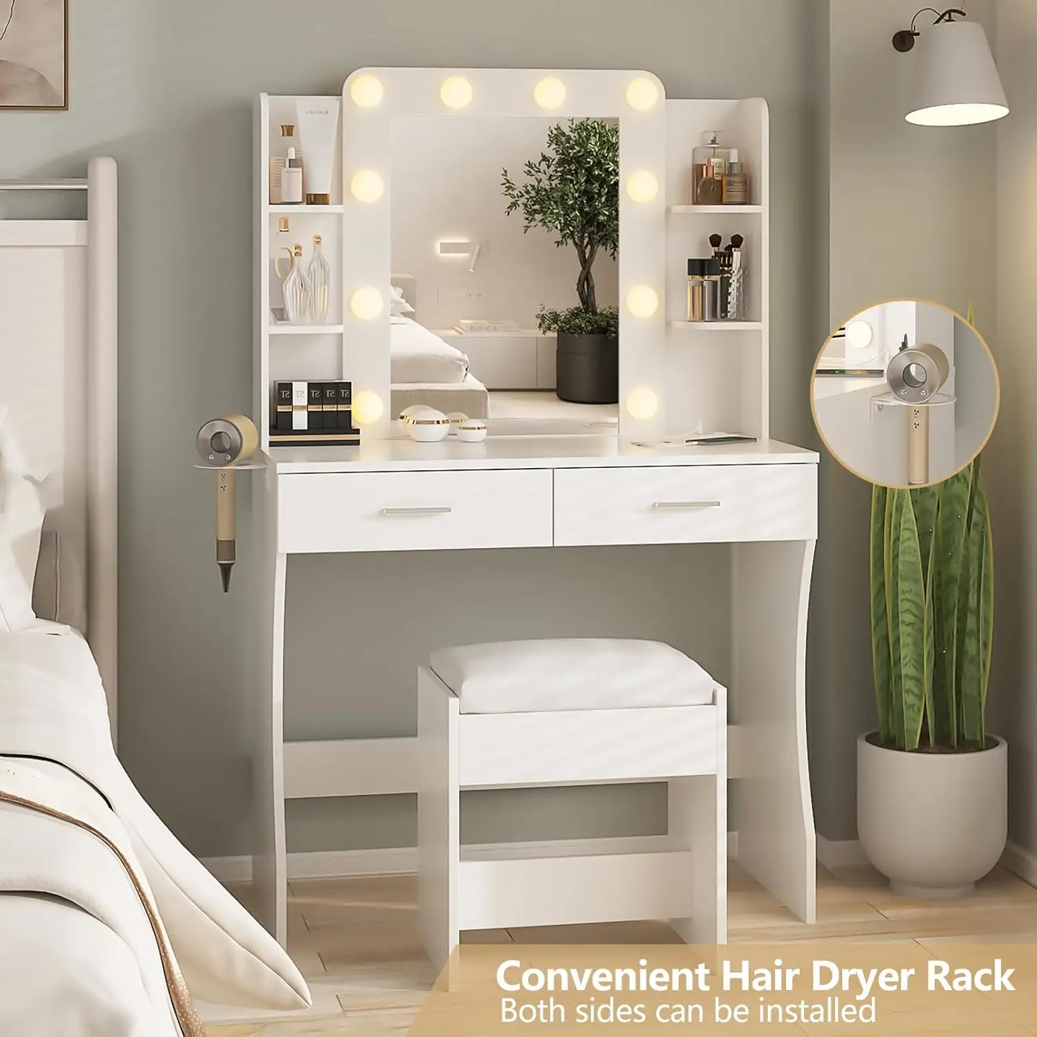 

Vanity Desk with Lights,Makeup Vanity with Power Strip,Dressing Table Set with 2 Large Drawers,Vanity Mirror