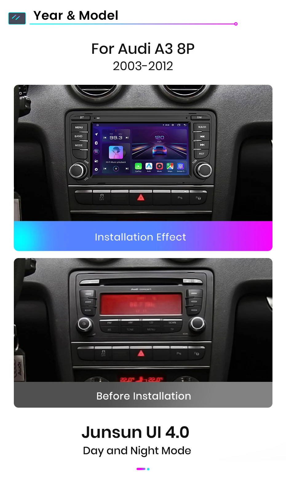 Junsun 7" Kabelloses CarPlay für Apple Android Auto Autoradio für Audi A3 8P S3 RS3 2003-2012 GPS-Navigation SWC Bluetooth FM RDS DSP IPS Touchscreen Intelligente Fahrzeugsysteme KI-Sprachsteuerung 4G WiFi 8-Kern Plug&Play Haupteinheit – Detail 15