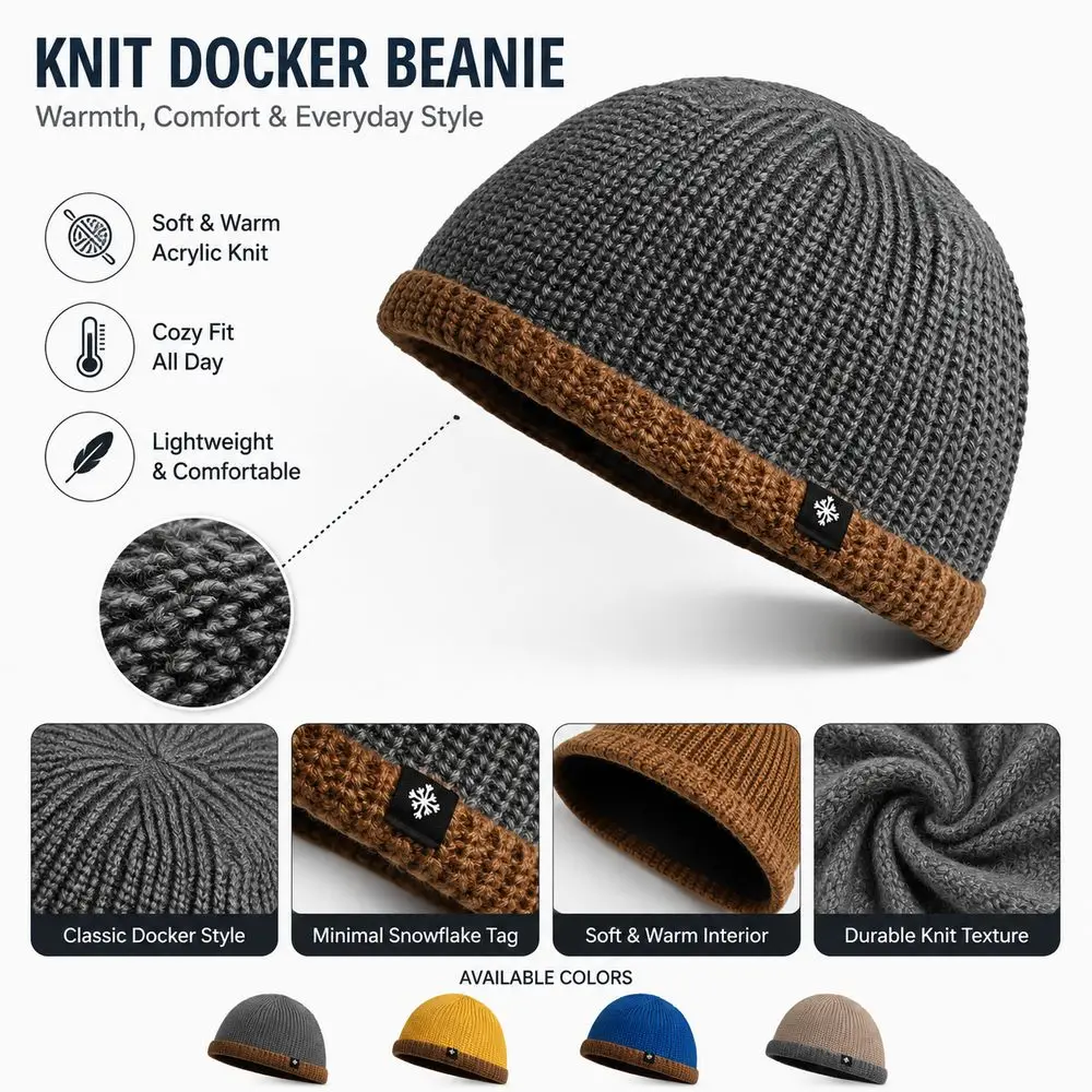 Fashion Thickened Knitted Beanie Stretchy Fit Wind Resistant Cuffed Beanie Contrast Cuff Men's Beanie Autumn Wear