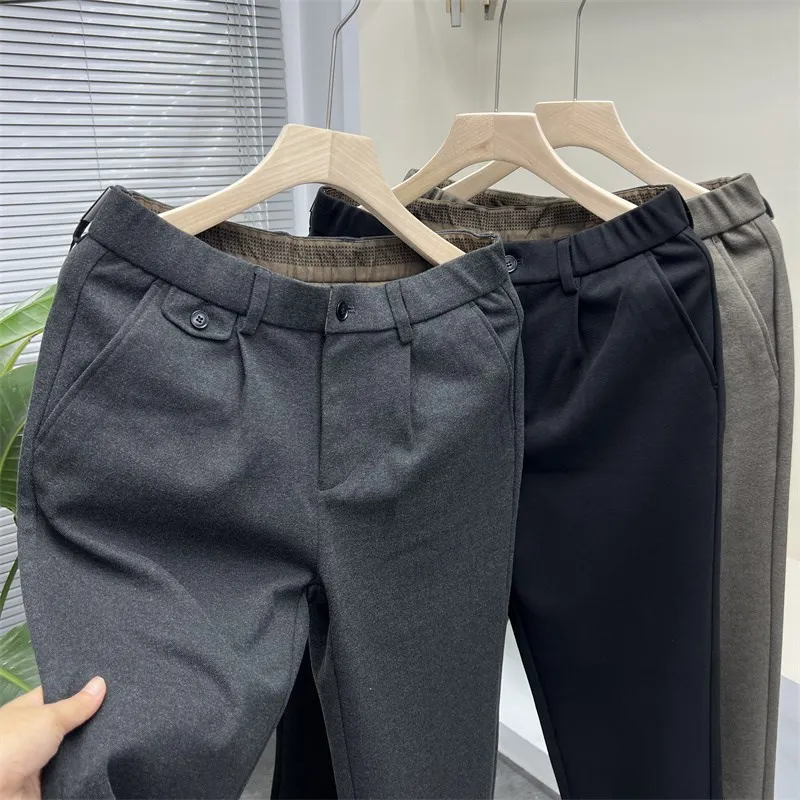 

Men's Faionable Thiened Woolen Casual Pants Autumn Winter Straight Leg Pants with Pleated Design Slim Fit Urban Sle