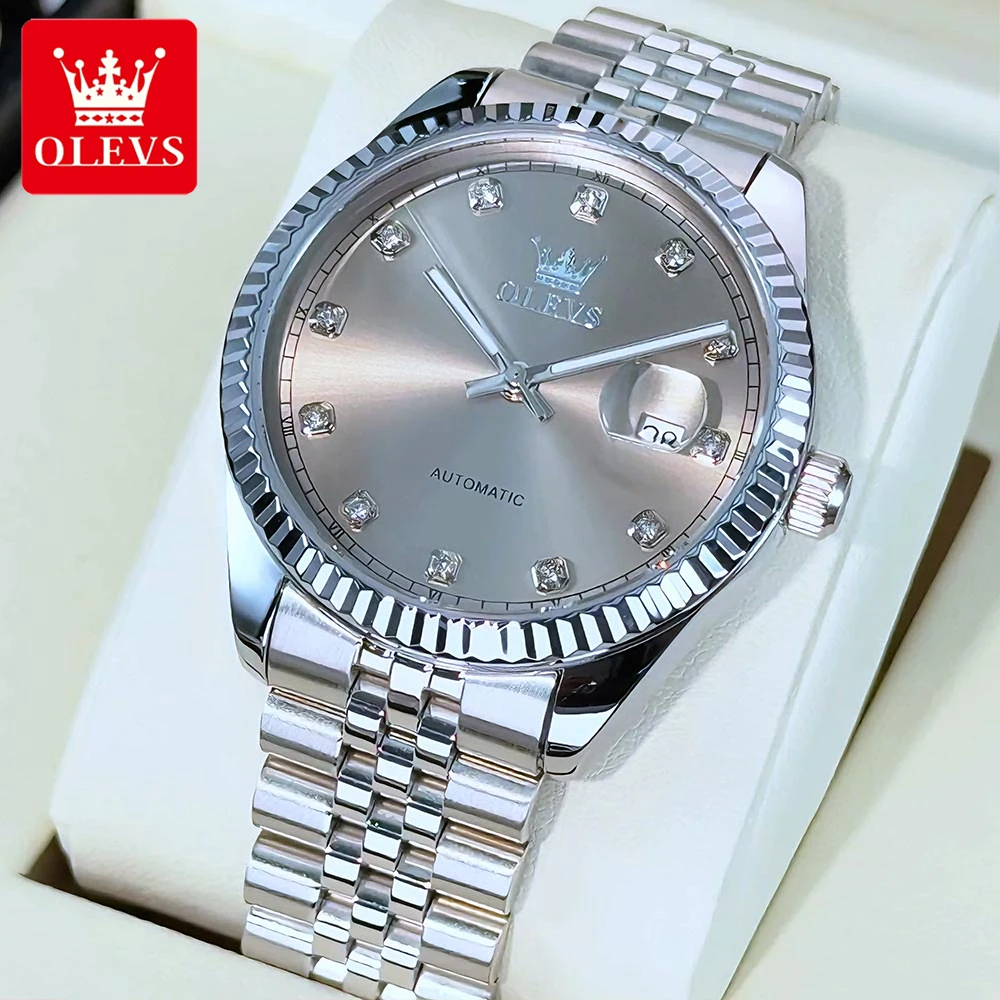 

OLEVS Men's Watches Top Brand Luxury Fashion Stainless Steel Threaded Bezel Original Automatic Mechanical Wristwatch Big Date
