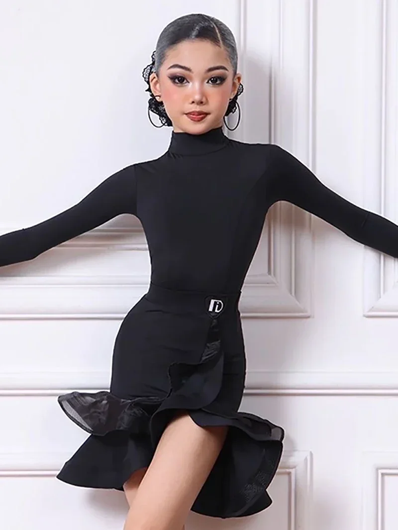 Uniforme de danse latine pour enfants filles, robe de compétition en maille à manches longues, dos nu, costume Cha-cha Samba Rumba, Costumes de danse pour salle de bal