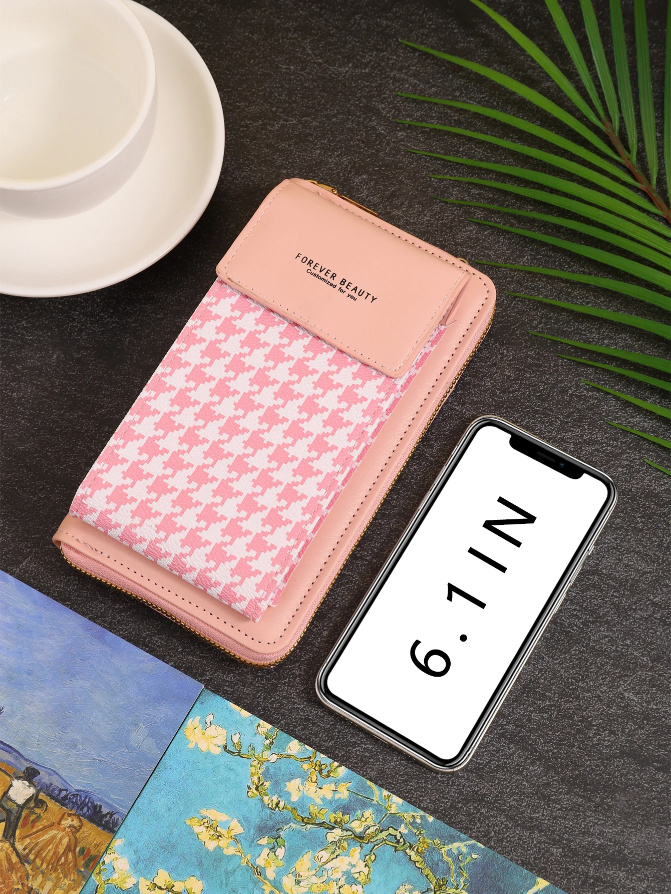 The new houndstooth fashion and versatile mobile phone bag magnetic buckle crossbody bag zipper vertical multi-functional wallet