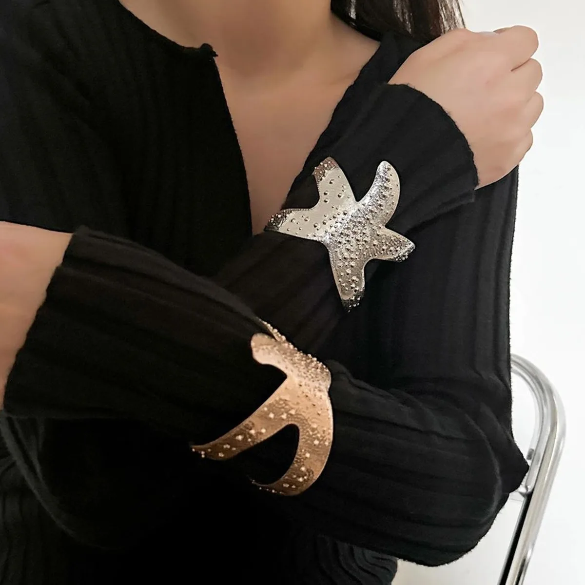 IngeSight.Z Personality Design Big Starfish Bangles Women Exaggerated Metal Irregular Opening Wide Bracelet Trend Punk Jewelry