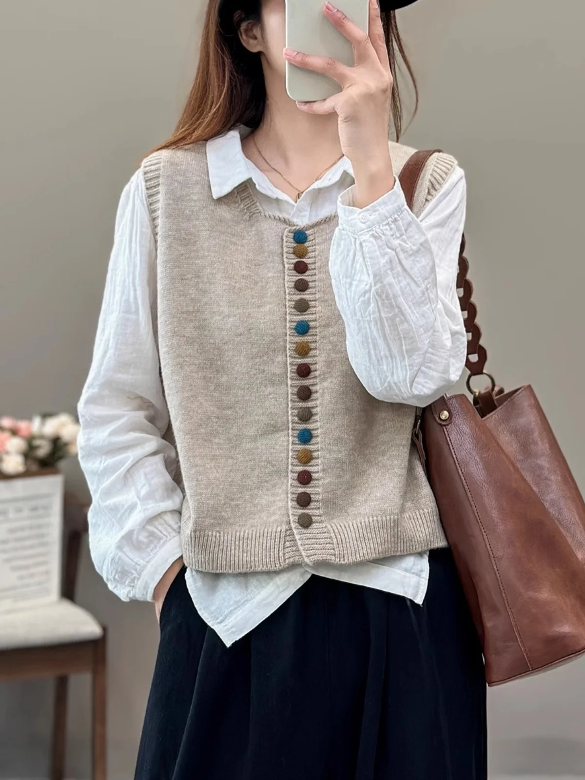 레트로 슬리 레인보우 버튼 니트 조끼 울 겨울 라운드 넥 다용도 레이어링 오픈 가디건 탑 여성용