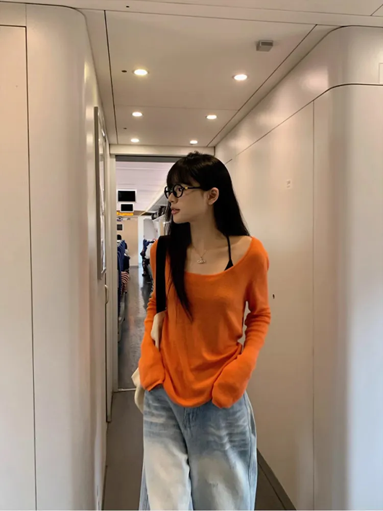 

Orange Dopaamine Long Sleeve Shoulder Bared Neckline Women's T-shirt Summer Thin Lazy Style Micro Transparent Spicy Girl Sun ...