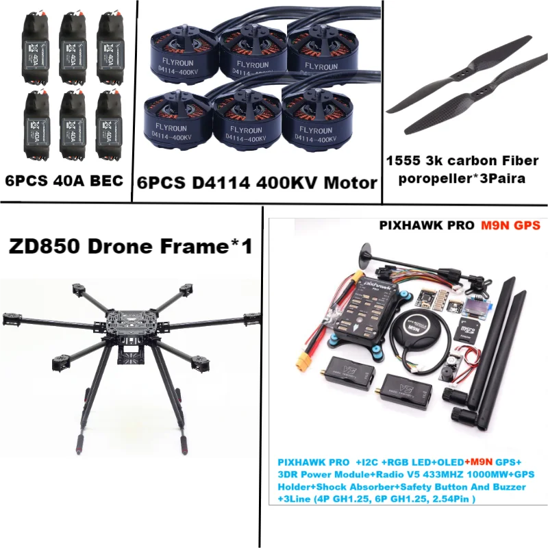 ZD850 PRO M9N Full Carbon Fiber 850mm Hexa-Rotor Frame BLHELI 40A ESC PIXHAWK Flight Comtrol Rado Telemetry Set