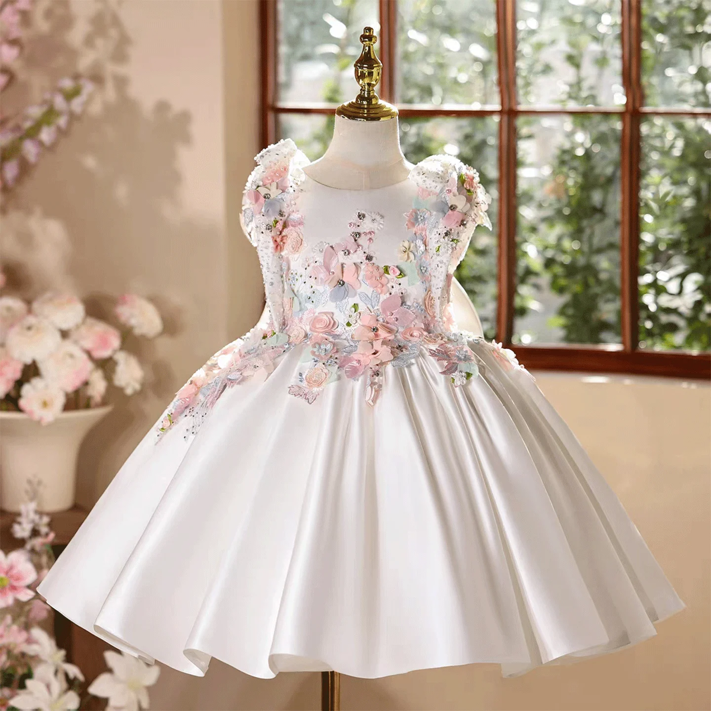 

Dreamy Vow D247 Wedding Flower Girls Dress with Giant Back Bow White Satin Party Dress Children Birthday 3D Flowers