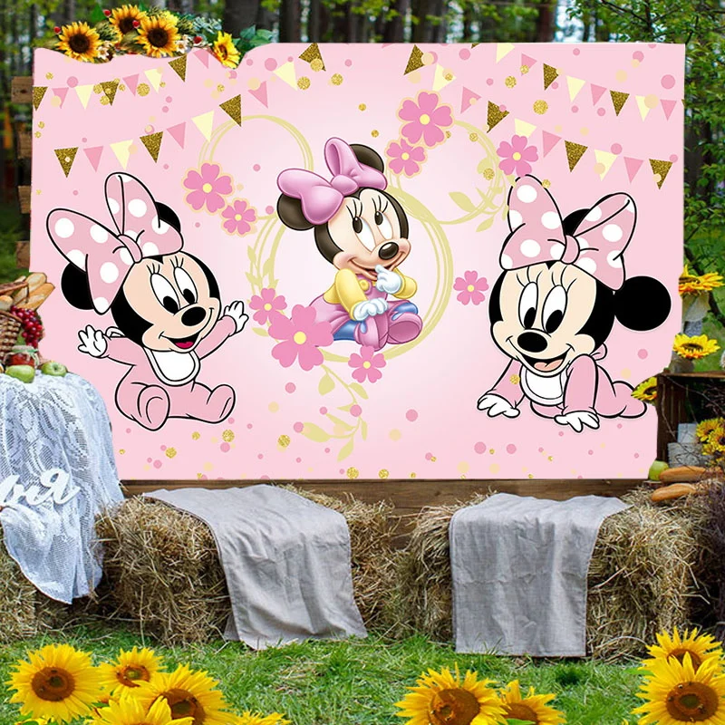 Disney-fundo rosa do laço do bebê Minnie, Mickey Mouse, fundo dos desenhos animados, chuveiro da menina, festa de aniversário, decoração da bandeira