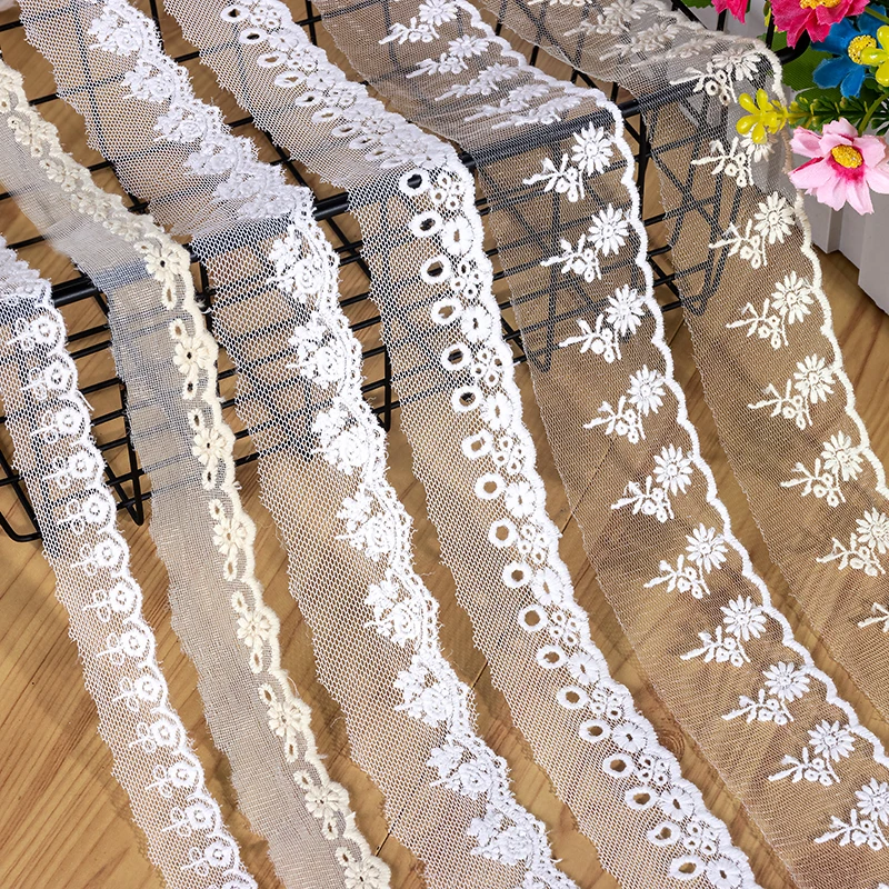 Lace Trim Embroidery Accessories, Small Wide, Off White, Beige Thread, Flower Net Dress,5Yards