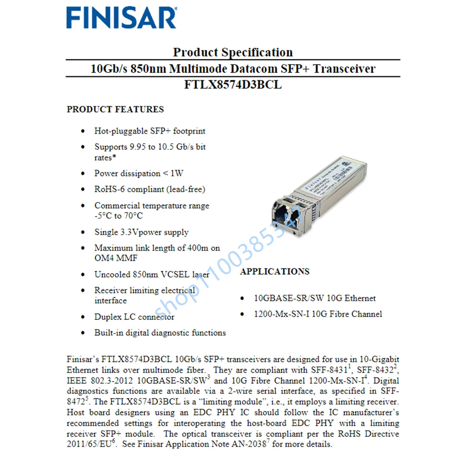 

FINISAR 10GB fiber module sfp 10G/FTLX8574D3BCL/10GSR 850NM 400M LC SFP+/ Network adapter Switch Optical fiber/10g Transceiver