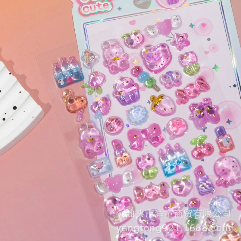 สติกเกอร์เจลลี่ 3 มิติ สีชมพูและสีม่วง ลายการ์ตูนน่ารัก สไตล์คาวาอี้ สำหรับเด็ก ตกแต่งสมุดภาพ ของเล่นคลาสสิก ของขวัญ