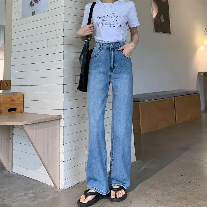 بنطال نسائي عتيق عالي الخصر من قماش الدنيم بقصة ضيقة مع جينز كاجوال فضفاض قابل للتمدد طويل ومريح وغير رسمي