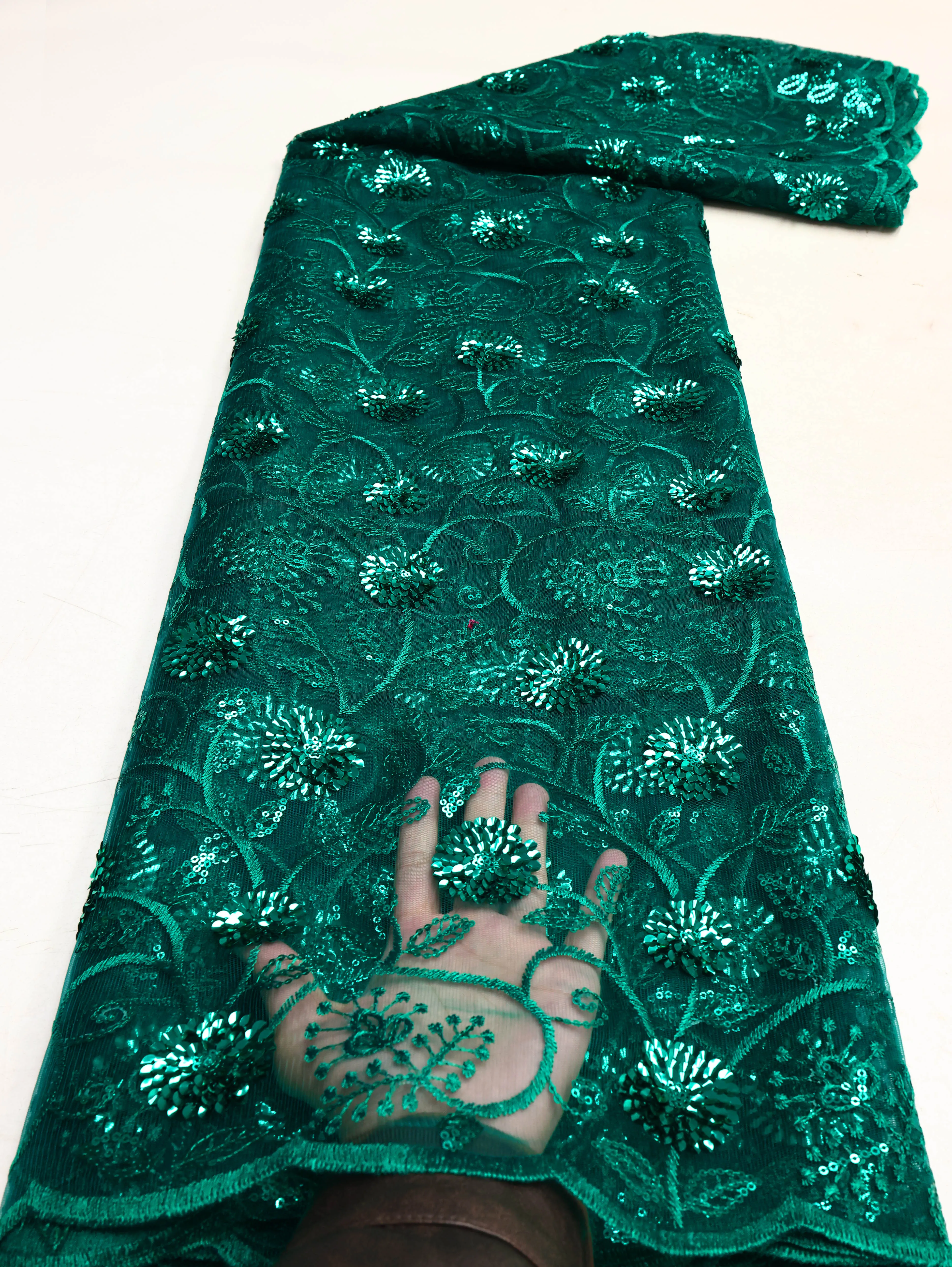 African Sequins Flocking Lace Fabric