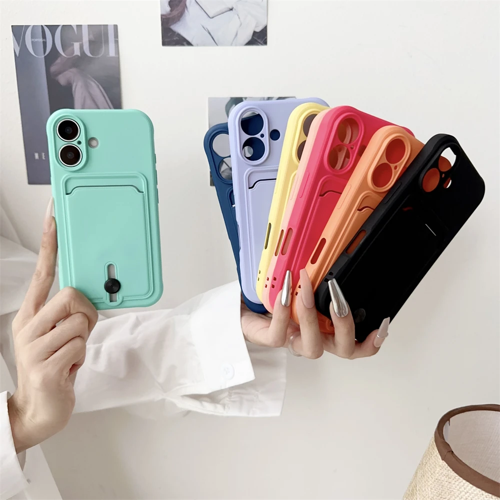 Pushable Card Holder Wallet Case for iPhone 16 14 15 Plus 12 13 mini Xs 11 Pro Max Shockproof Silicone Microfiber Lining Cover