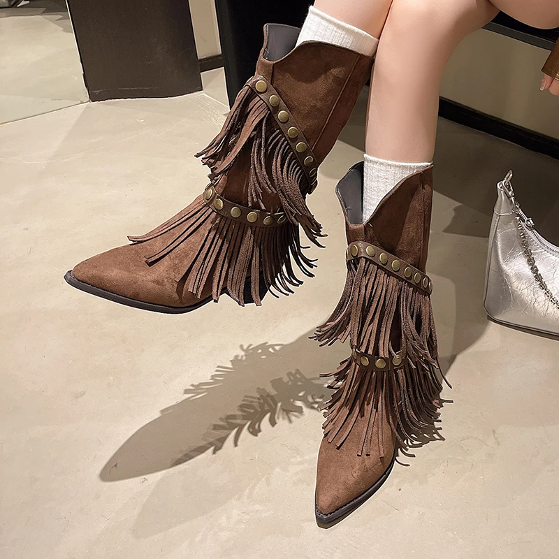 

Studded Tassel Mid-Thigh Boots Autumn New Pointed Toe Suede Sleeve Soft Sole Non-Slip Wear-Resistant Block Heel Shoes