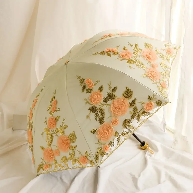 Retro Lace Black Coated Parasol Double Tier UV Blocking 2-Way Folding Sun Rain Princess Shade for Women Vintage Use 레이스 양산