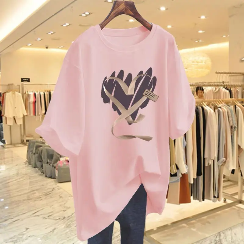 Women's Love Print Cotton O-neck T-shirt, Loose Short Sleeve Top, Basics Pullovers, Casual , Fashion, Summer,