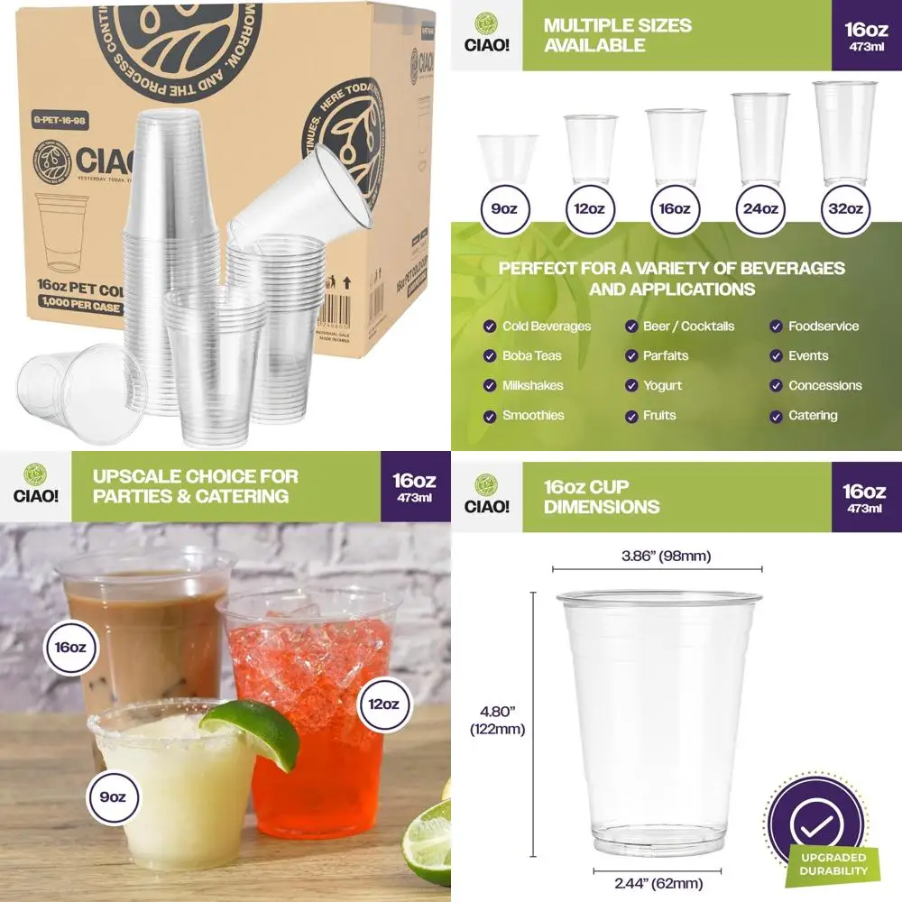 

16 oz PET Plastic Cold Drink Cups for Smoothies, Iced Coffee, and Beverages - Bulk Pack of 1000, 98mm Diameter