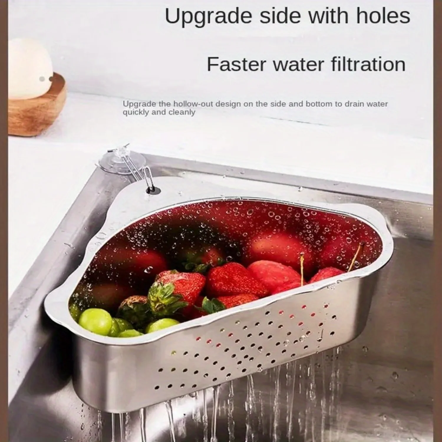 Stainless Steel Kitchen Sink Drain Basket - 1pc 304 Food-Grade Triangle Colander with Side Holes for Fast Filtration, Multi-Use 