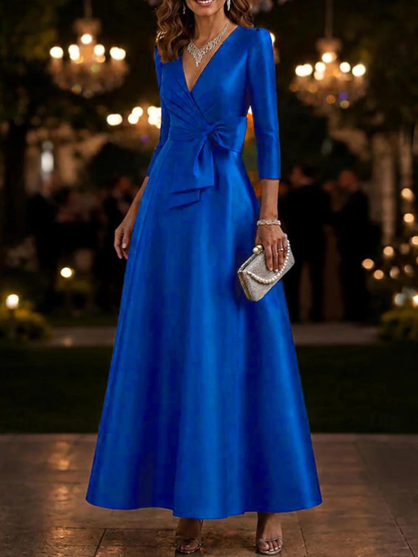 2026 Elegant V-Neck 3/4 Sleeve Satin A-Line Evening Dress, Waist Cinched Formal Banquet Gown, Bride Wedding Party Dress