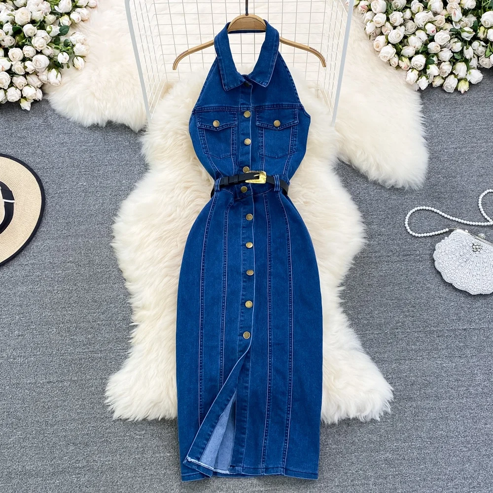 

Новая летняя модная джинсовая юбка-трапеция с воротником и одной пуговицей в уличном стиле