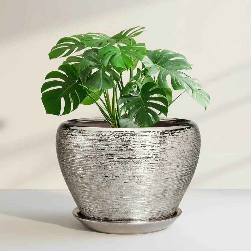 

10-дюймовый керамический горшок с дренажным отверстием и блюдцем — современный серебряный цветочный горшок для дома и улицы для любителей растений