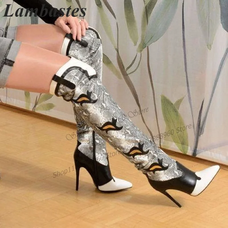 Western Style Mixed Color Python Skin Boots Stilettos High Heel Shoes For Women Side Zipper Pointed Toe 2023 Zapatos Para Mujere