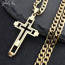 2024 Hip Hop Cross Stainless Steel Chain Necklaces Gold Color Long Pendant Necklace for Women/Men Jewelry collier homme N6055S05