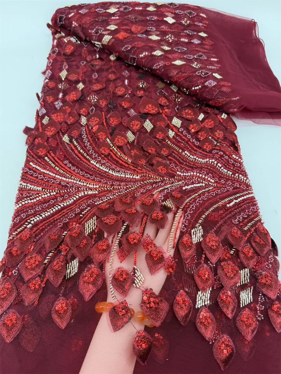 

Винно-красная роскошная нежная элегантная французская кружевная ткань ручной работы с бисером, роскошная нигерийская африканская кружевная ткань с блестками, вечерние платья