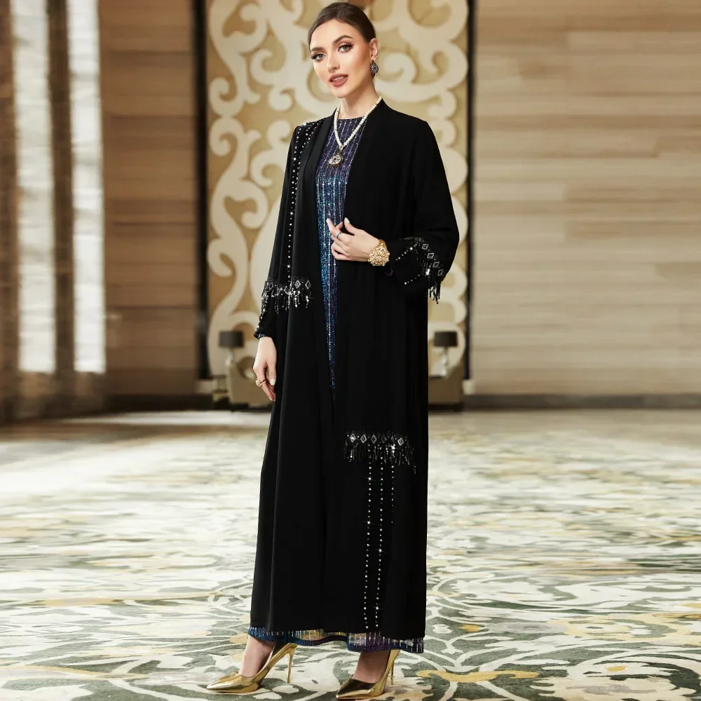 Cardigan Robe Casual Loose Abayas for Women Moroccan Caftan Women Dress Muslim Abaya Dress Dubai Black Tassel Multicolored Beads