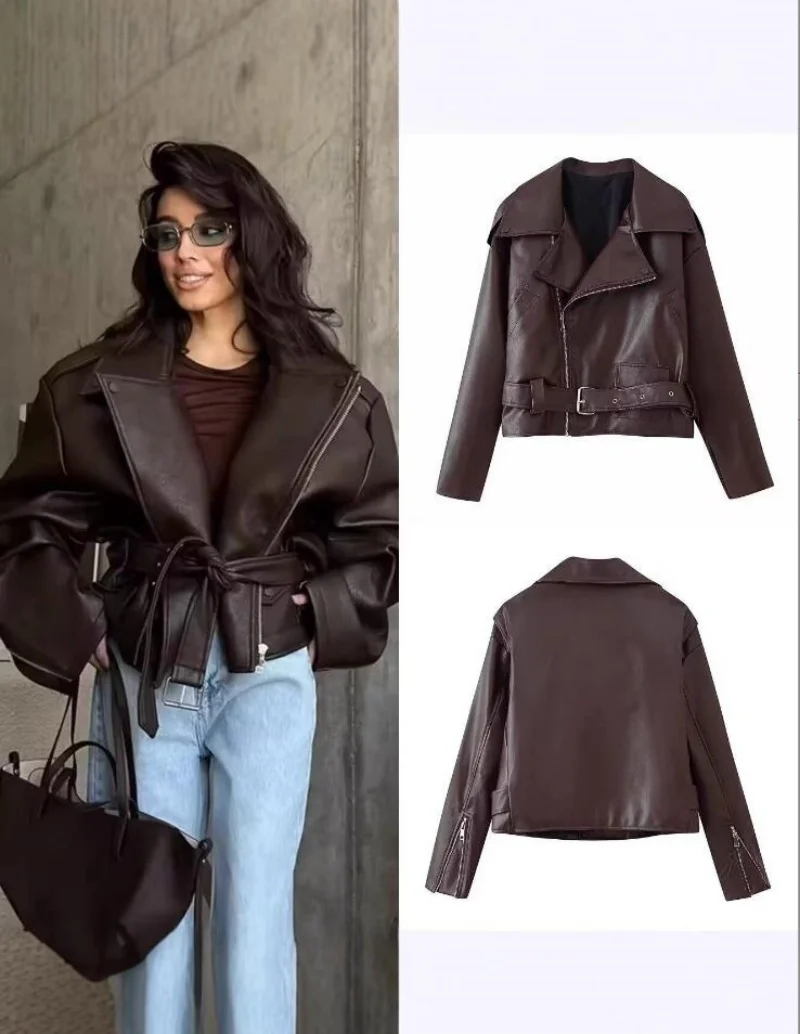 เสื้อแจ็คเก็ตหนังผู้หญิง คอปกเว้า แต่งเข็มขัด ซิปแบบเต็มตัว แขนยาว ทรงหลวม สไตล์ลำลอง แฟชั่นไฮสตรีท สำหรับผู้หญิง