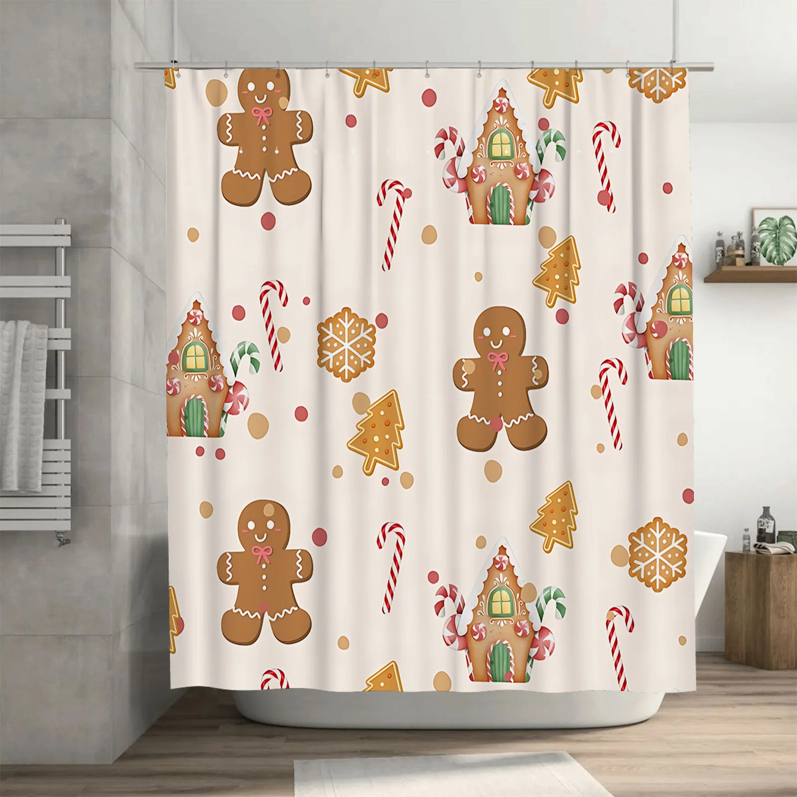 

Рождественская тематическая занавеска для душа, милый пряничный человечек, дом, конфетная трость, декор, водонепроницаемый декор для ванной комнаты, бесплатный крючок