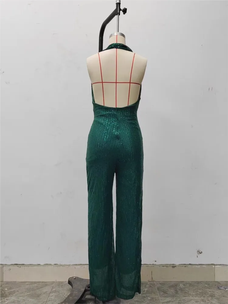 Seksowny kombinezon damski z cekinami, jednolity kolor, wiązany na szyi, głęboki dekolt w serek, szerokie nogawki, odkryte plecy, idealny na imprezę, do klubu nocnego, streetwear, romper.