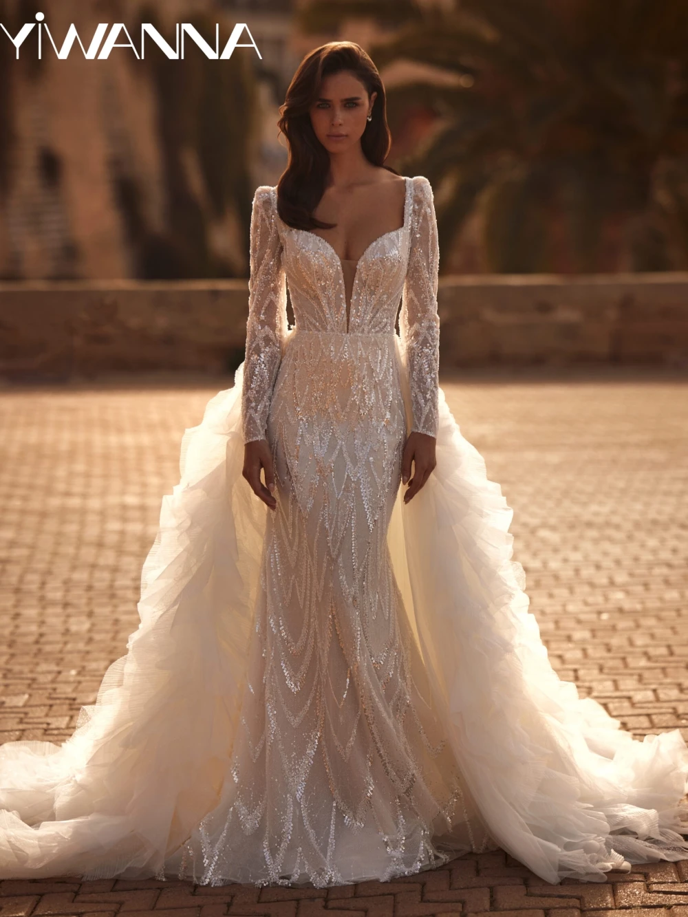 

Ruffled Detachable Train Beaded Wedding Dress Exquisite V-neck Long Sleeve Bridal Gown New Customized Dreamy Dresses For Bride