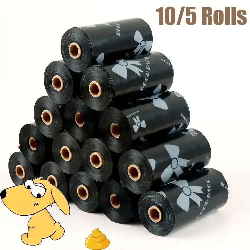 10/5 Rolls of Black Bow Print Pet Waste Bags - Thick & Durable Polyethylene, Ideal for Dog Poop, Cat Litter, Outdoor Walks