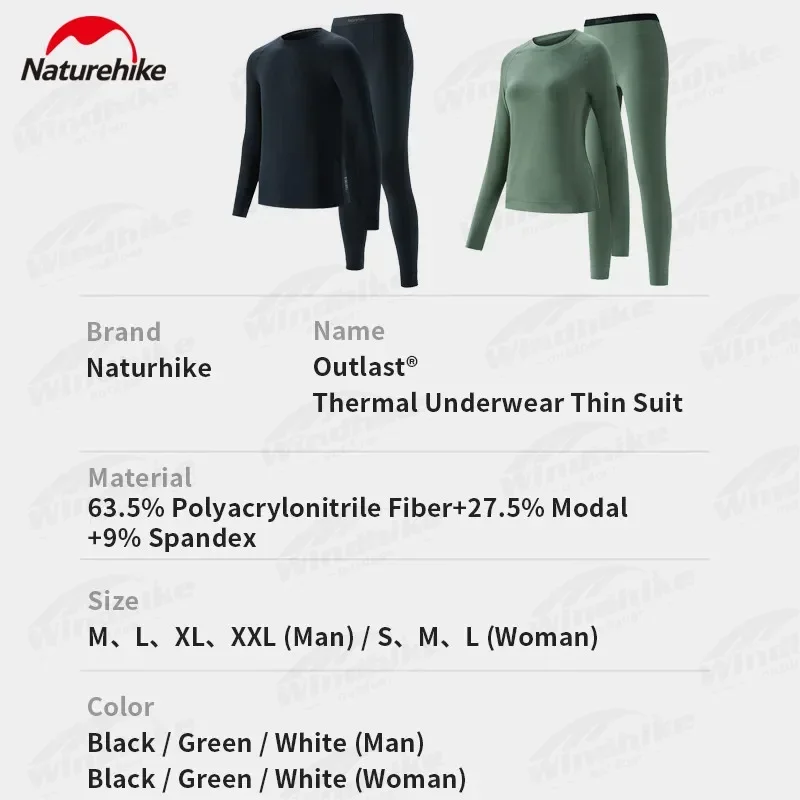 Naturehike Warm Thin Thermo-Unterwäscheanzug Outlast ®   Weiche, atmungsaktive Outdoor-Camping-Sportbekleidung 5 ℃ ~15 ℃   Warme Unterwäsche für Männer und Frauen