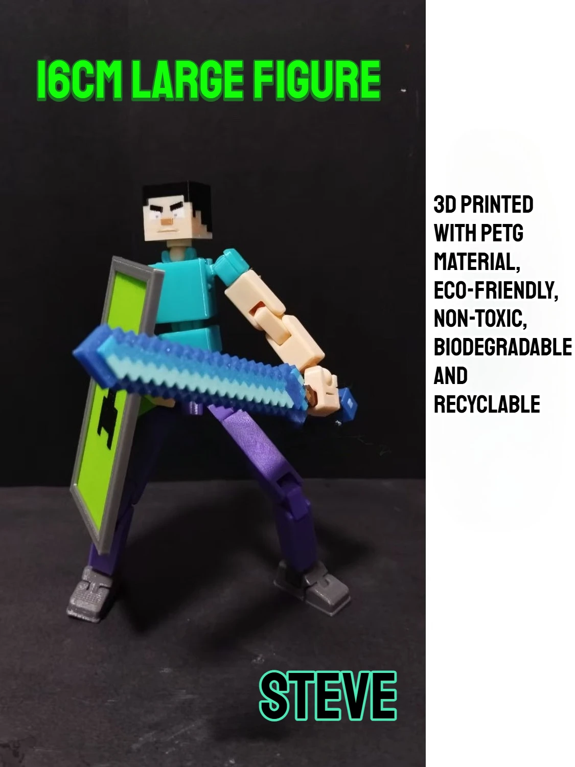 

3D Printed MC Angry Steve with Heavy Sword, Annoying Villagers Skin, Articulated Action Figure Collectible Toy