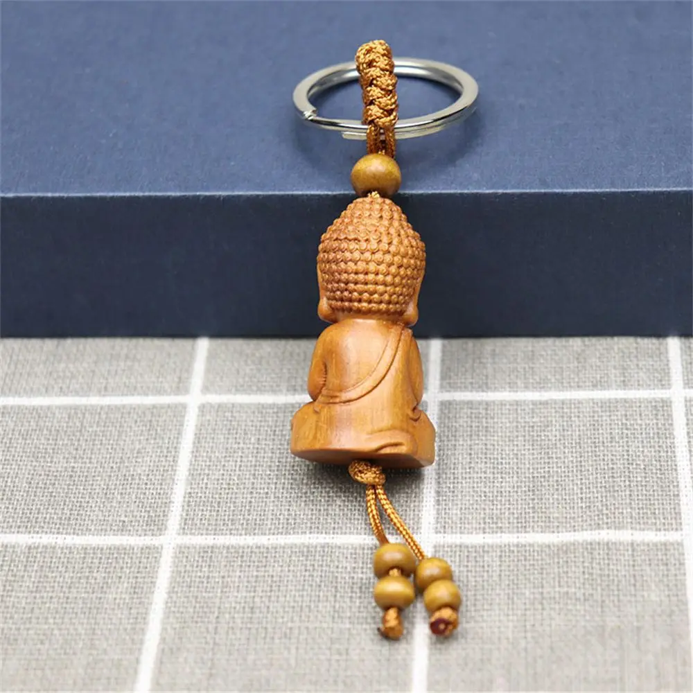 Person Shape Mahogany 3D Engraving Wooden Key Chain Buddha Pendant Key Ring Jewelry Car Accessories Jewelry Gift