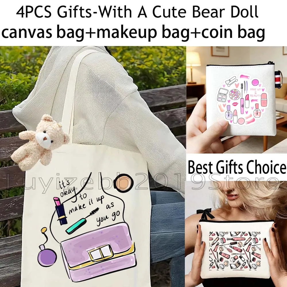 4PCS Gifts Funny Make Up Artist Girly BEAUTY White Shopper Canvas Tote Bag Handbag,Cosmetic Makeup Bag,Coin Purse Wallet Pouch