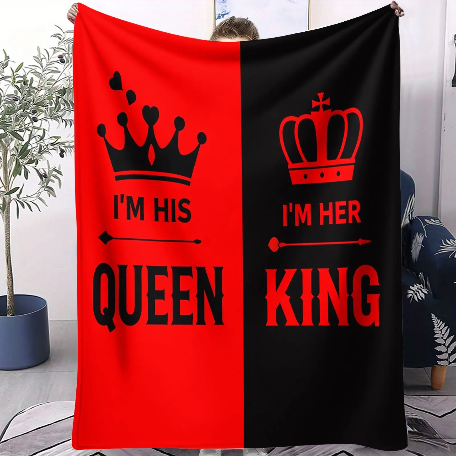 بطانية من الفلانيل على شكل قلب الحب بتصميم الملك الملك الملكة الملونة، بطانية متعددة الوظائف لسرير الأريكة والسفر، هدية مثالية للأزواج