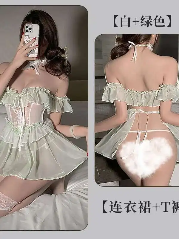 Low Collar Sexy Off Shoulder Lace Up Backless Chiffon Dress Women Mesh Sheer Cinching Waist Slim A-line Short Sweet Dress 1V55